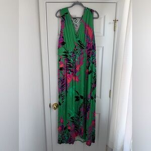 Spense Green and Pink Leaf Print Dress